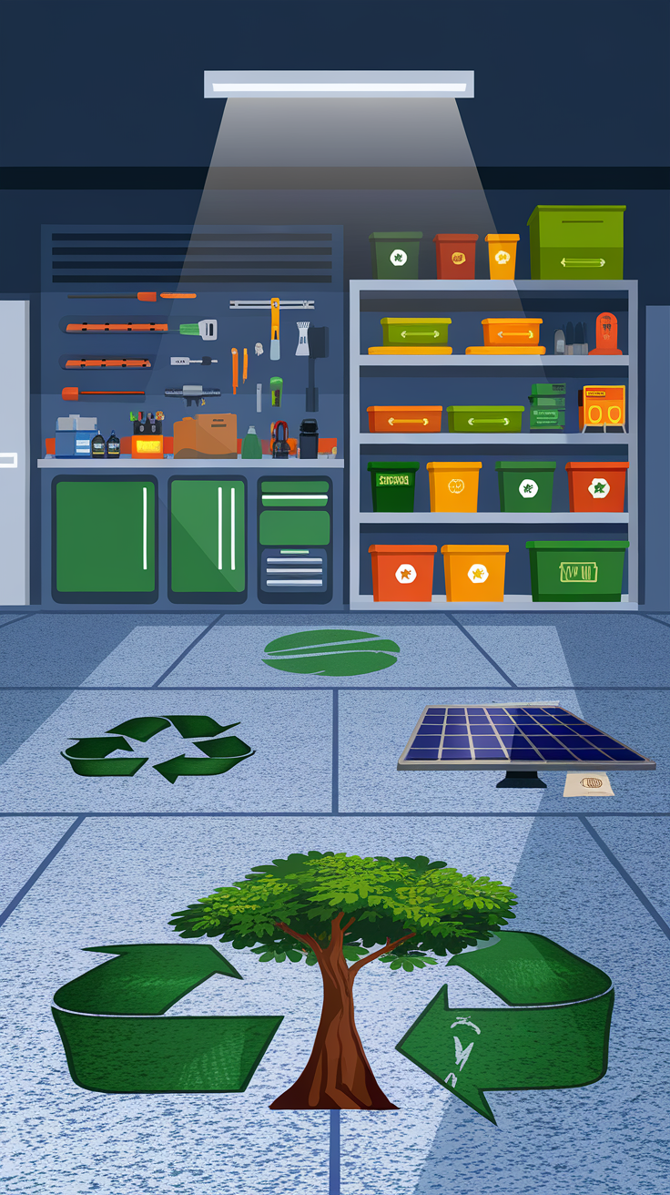 Illustration of an organized garage with eco-friendly elements like recycling symbols and a solar panel.