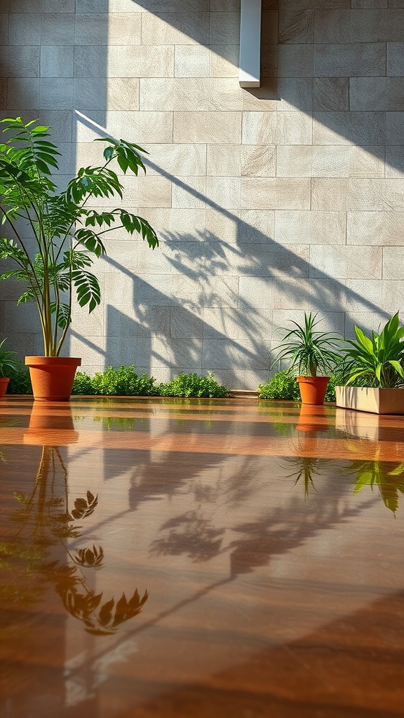 A well-lit room with a glossy epoxy floor reflecting shadows of green plants in pots