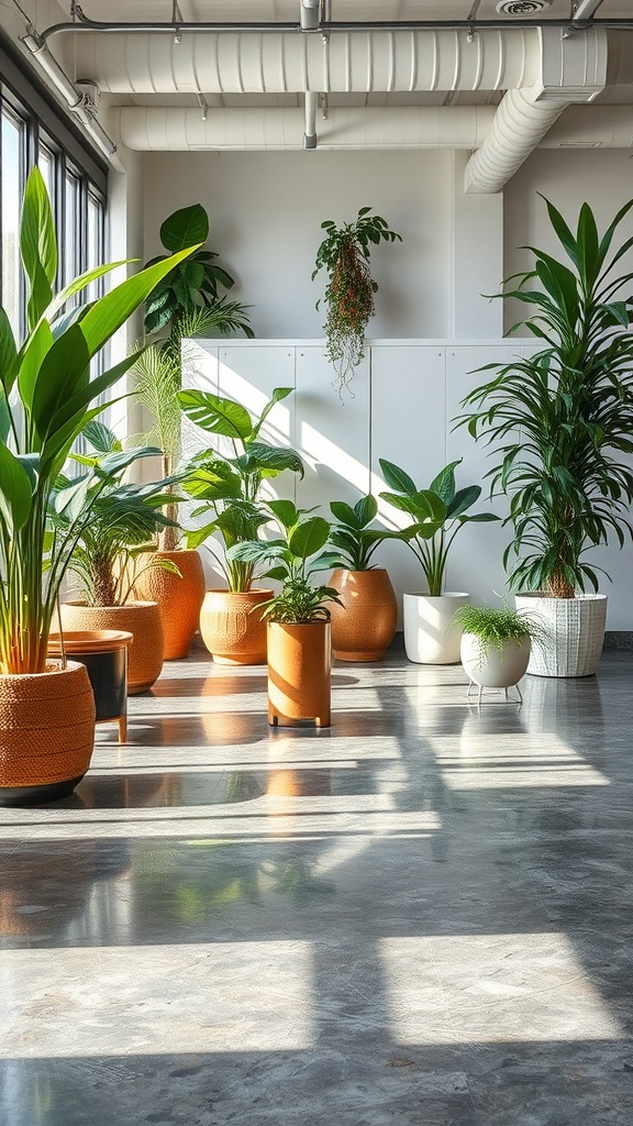 A bright workspace featuring large windows and various indoor plants, highlighting the eco-friendly aspects of epoxy floors.