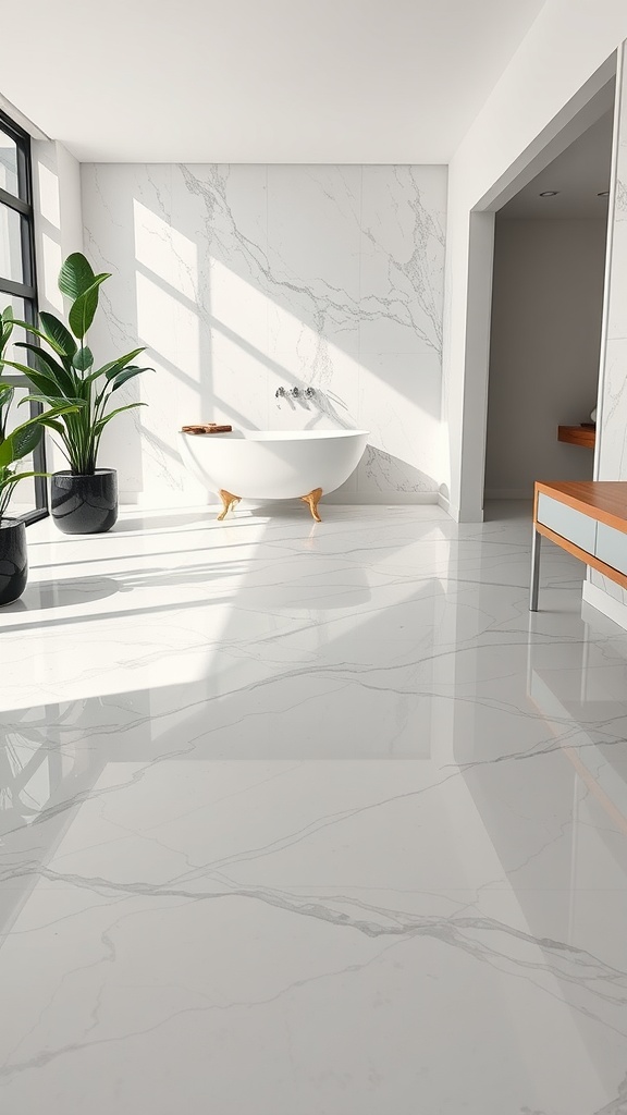 A bright and modern bathroom featuring heated marble floors with a bathtub and plants.