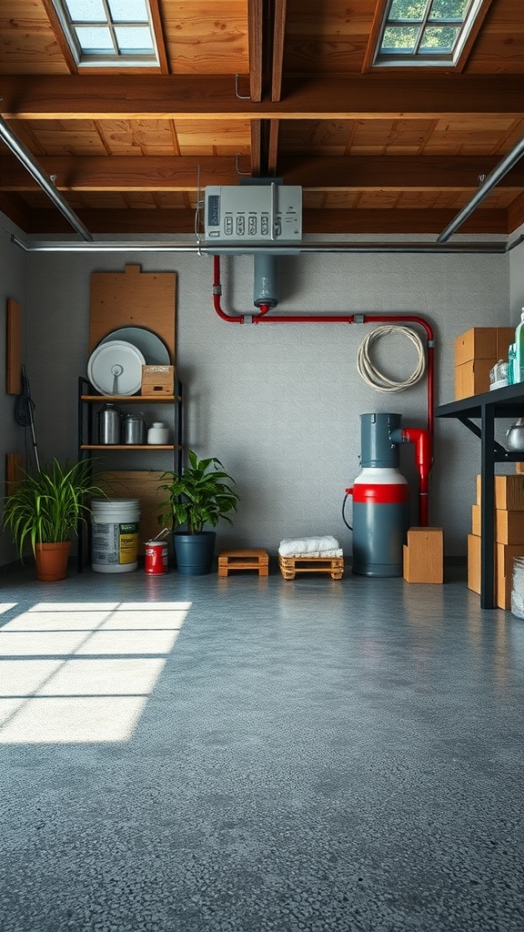 A well-organized garage with epoxy flooring and storage solutions.