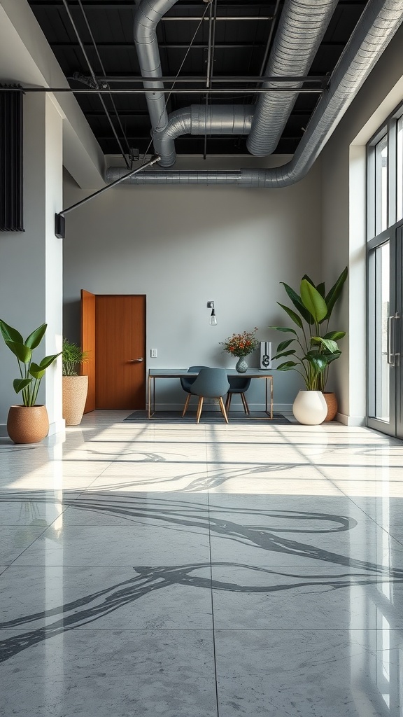 A modern interior featuring a polished epoxy concrete floor with metallic textures and plants.