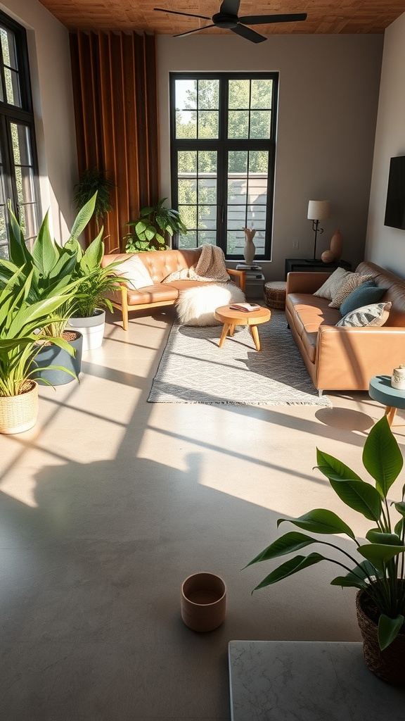 A modern living room featuring natural concrete floors, leather sofas, and plants, showcasing a blend of rustic and refined styles.