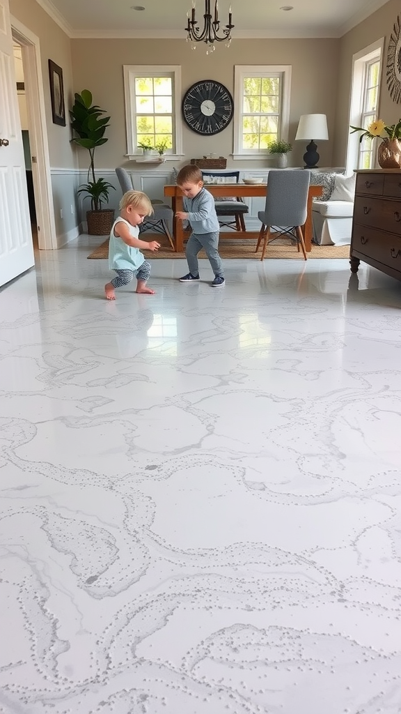 Modern interior with epoxy flooring, plants, and natural light.