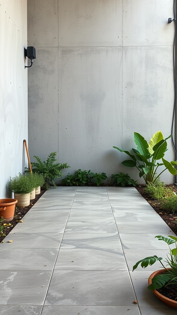 A modern concrete floor with plants and greenery around it.