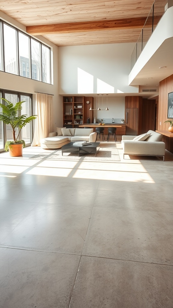 A spacious modern living room featuring polished concrete floors, large windows, and wooden accents.