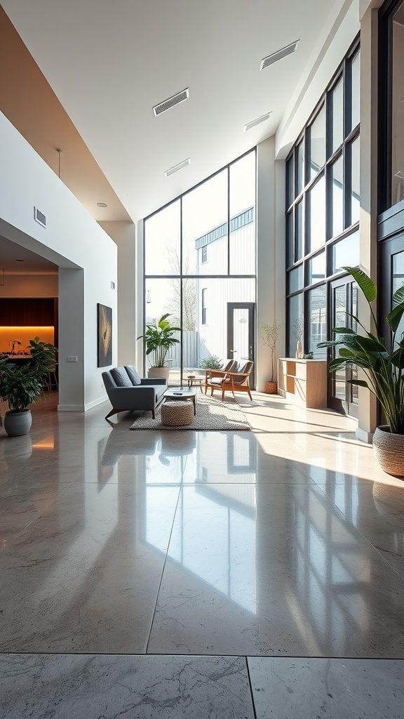 A modern living space featuring polished concrete flooring, large windows, and plants.