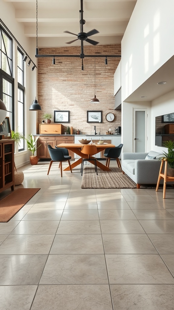 A modern living space featuring polished concrete floors, stylish furniture, and a warm color palette.