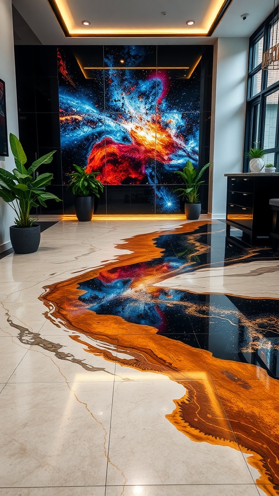 A modern interior featuring a unique epoxy floor design with vibrant colors and patterns, complemented by plants and an artistic wall.