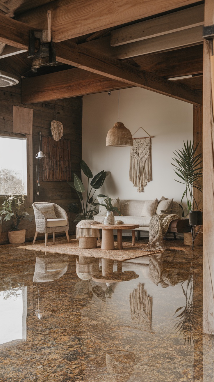 A cozy living room with eco-friendly epoxy flake flooring, featuring plants, a sofa, and natural decor.