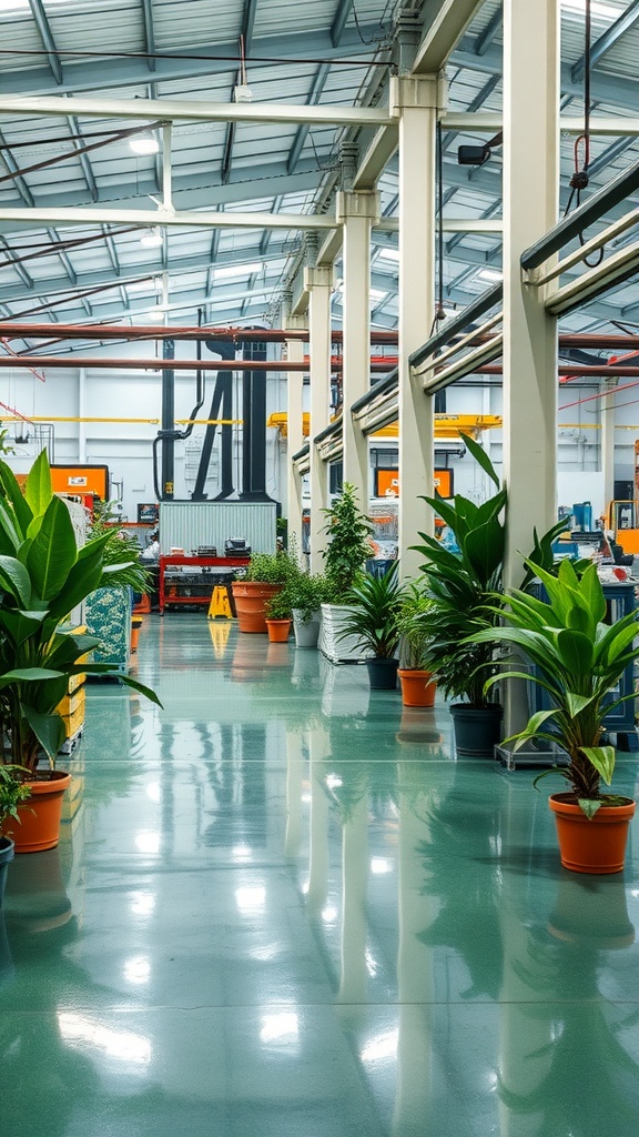 A clean, industrial environment with green epoxy flooring and plants.