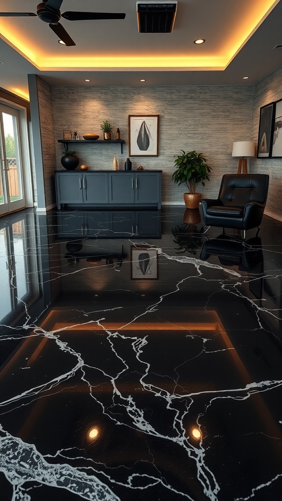 Eco-friendly black marble epoxy floor in a modern living space with stylish furnishings.