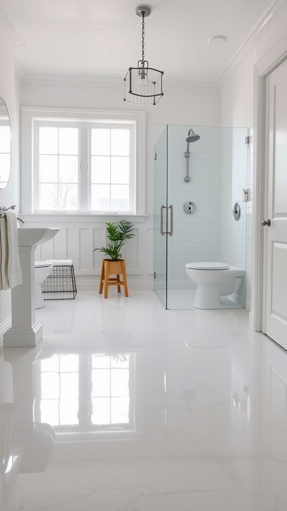 A stylish bathroom with gray epoxy flooring, white bathtub, and green plants in decorative pots.