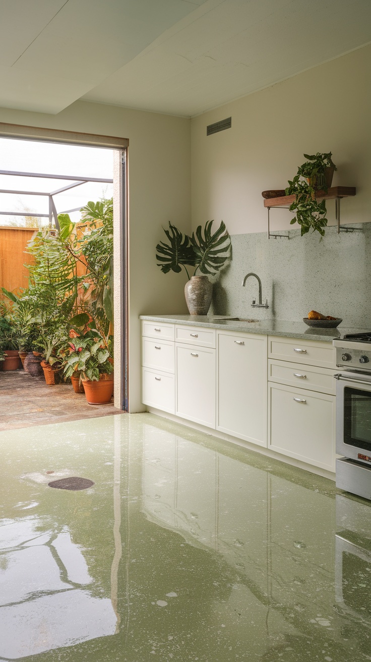 A kitchen with green epoxy flooring and plants in the background