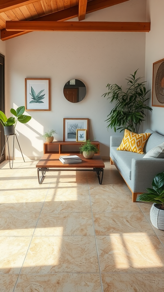 A bright and airy living room featuring a sofa, plants, and eco-friendly epoxy flooring.