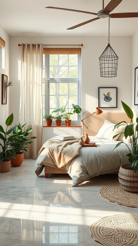 A bright bedroom featuring plants, a comfortable bed, and shiny epoxy flooring.