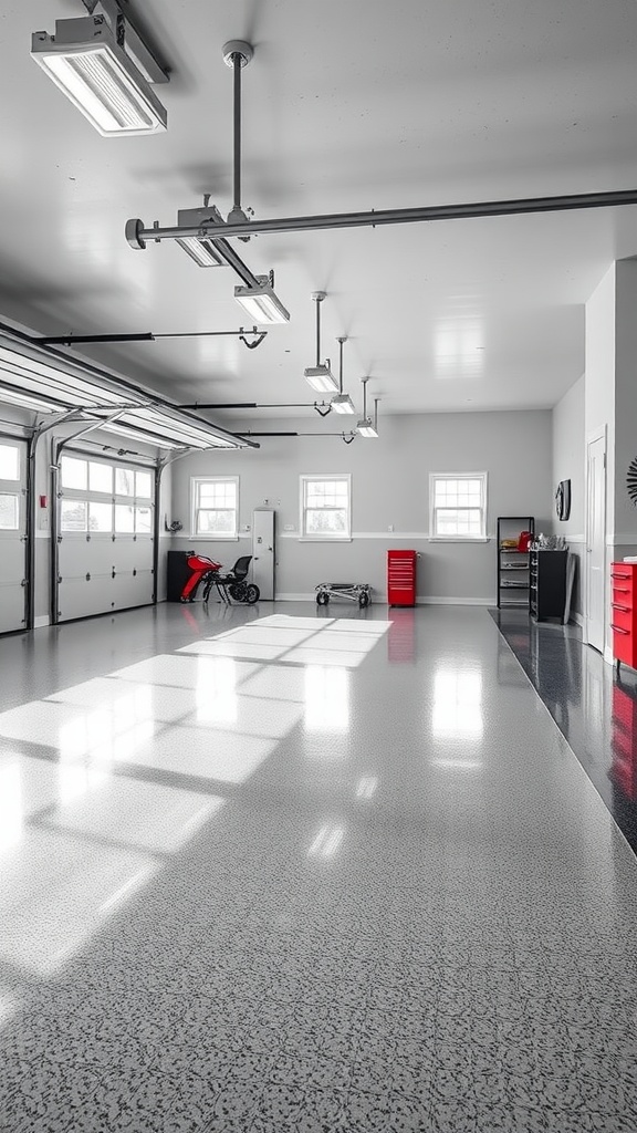 A well-organized garage with eco-friendly decor and modern epoxy flooring.