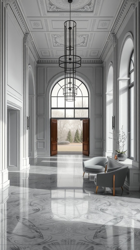 A modern entrance area with a reflective green epoxy floor and large glass windows, featuring plants.