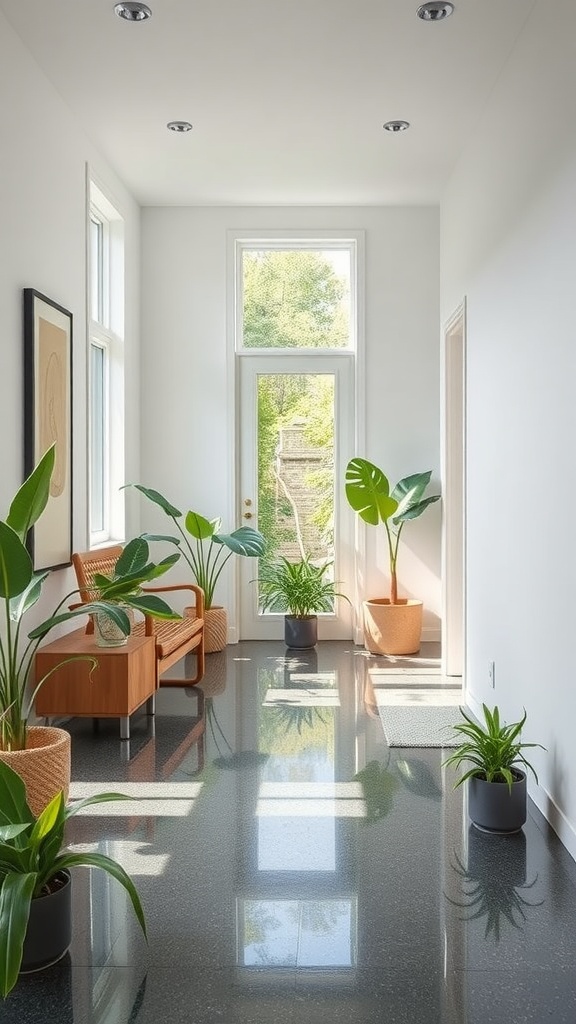 Bright hallway with dark glossy epoxy flooring and indoor plants.