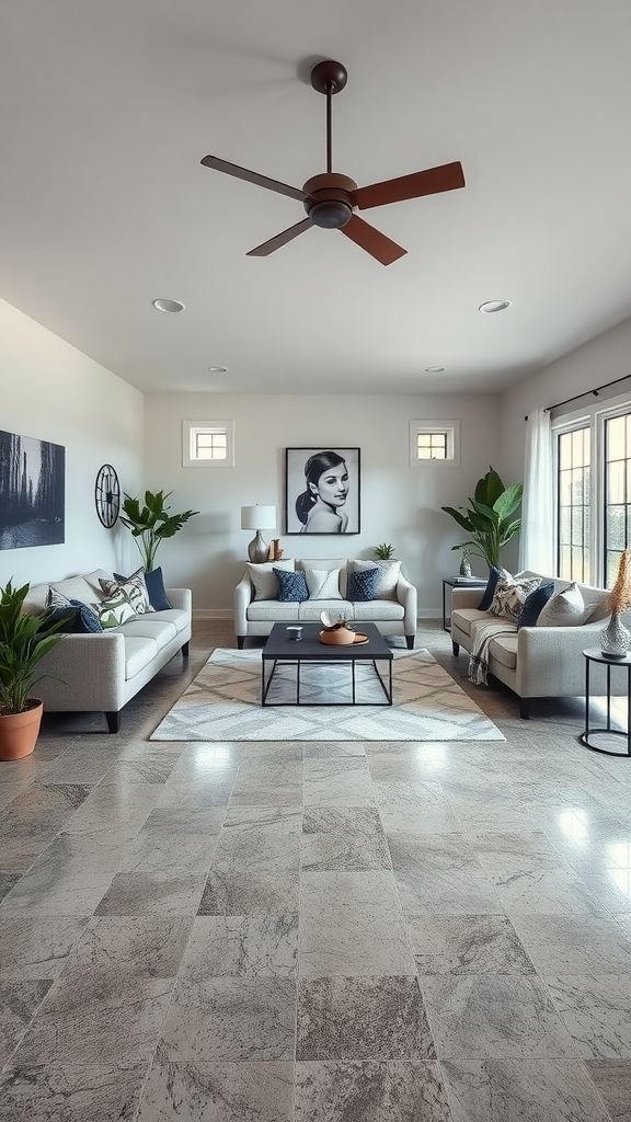 A modern living room with sleek epoxy flooring, large windows, and plants, showcasing an eco-friendly aesthetic.