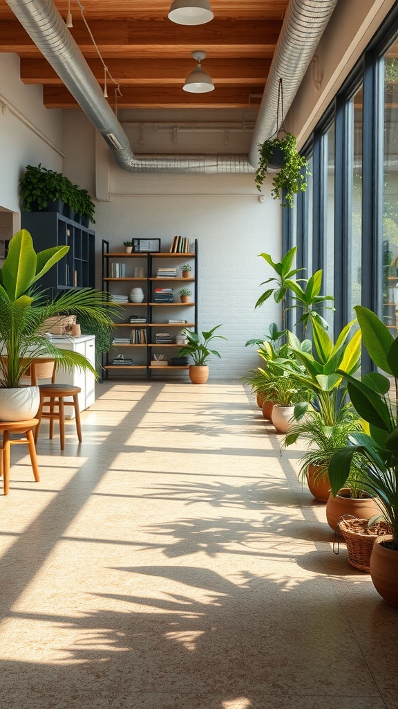 A bright room with a polished epoxy floor and potted plants, showcasing an eco-friendly environment