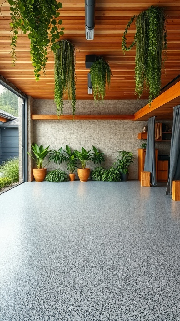 A sleek garage with a speckled epoxy floor, showcasing a white car and stylish decor.