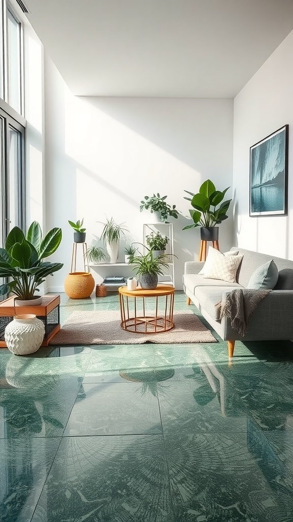 Bright living room with green epoxy flooring and plants