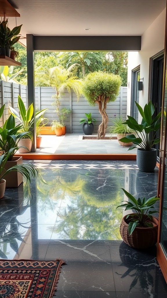 An indoor space with shiny epoxy flooring leading to a garden view, surrounded by plants.