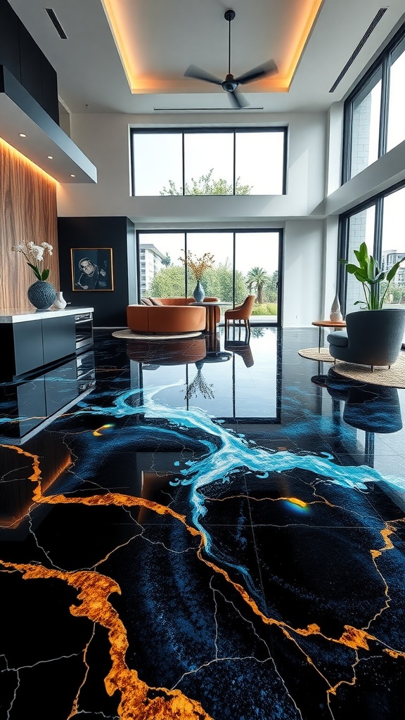 A luxurious living space with a colorful epoxy floor design featuring blue and orange swirling patterns.