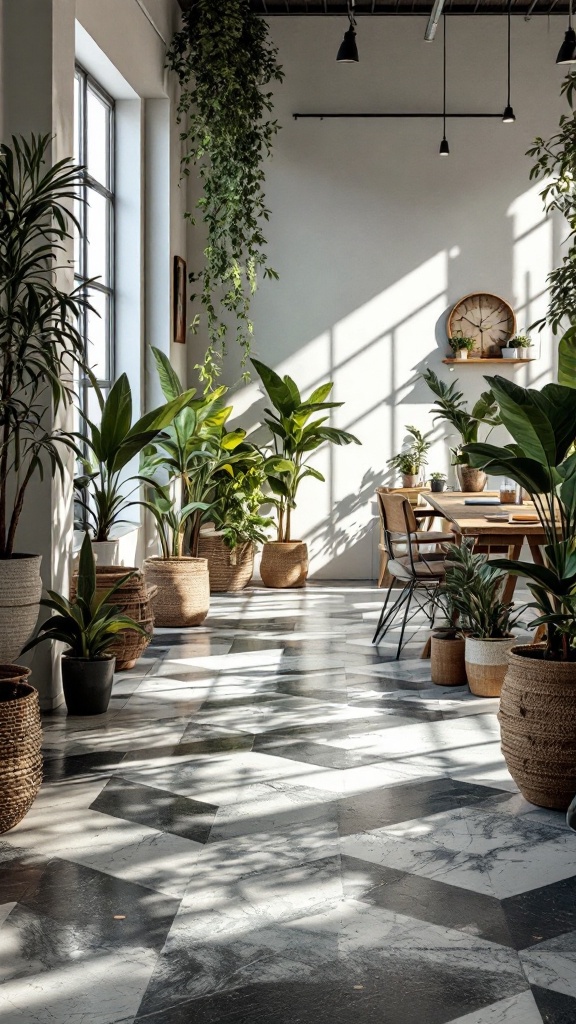 A well-lit room filled with indoor plants and a dining area, featuring a patterned floor.