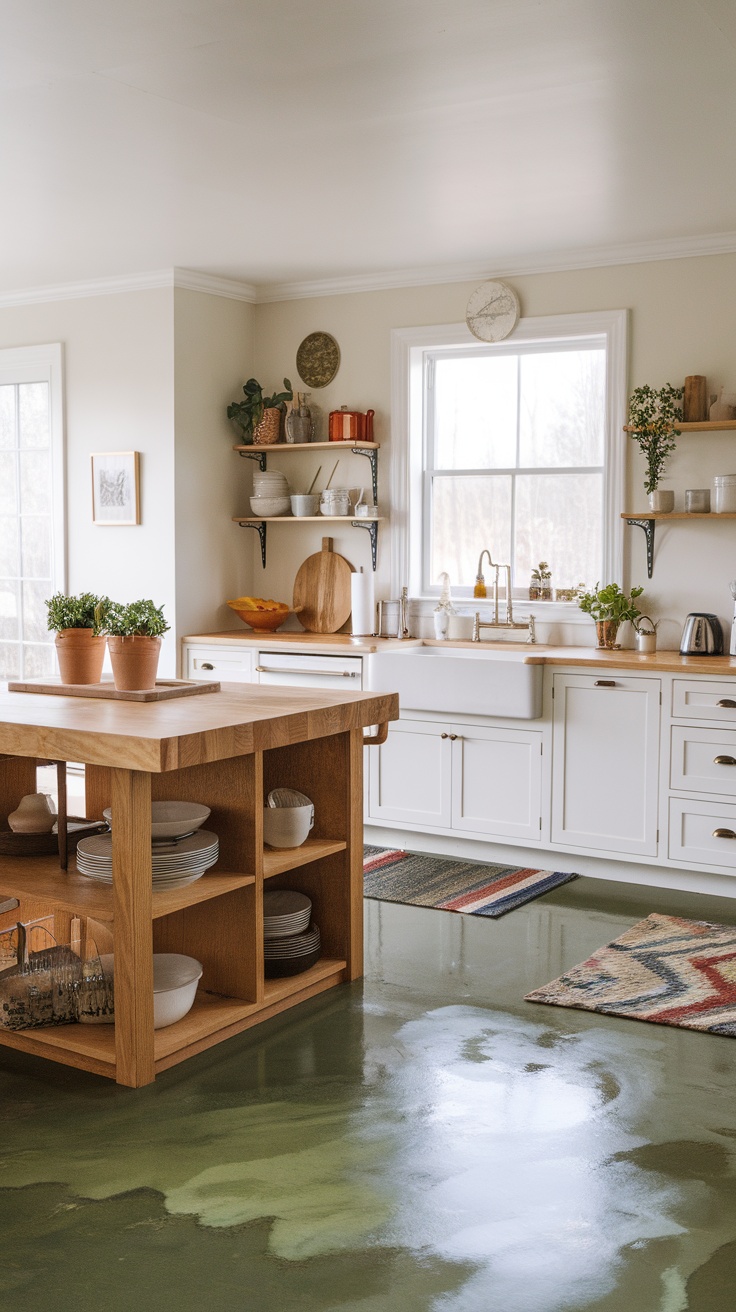 Modern kitchen featuring eco-friendly epoxy floor with green finish, wooden surfaces, and natural decor.