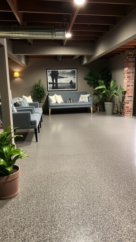 A bright basement with plants and an epoxy floor reflecting sunlight.