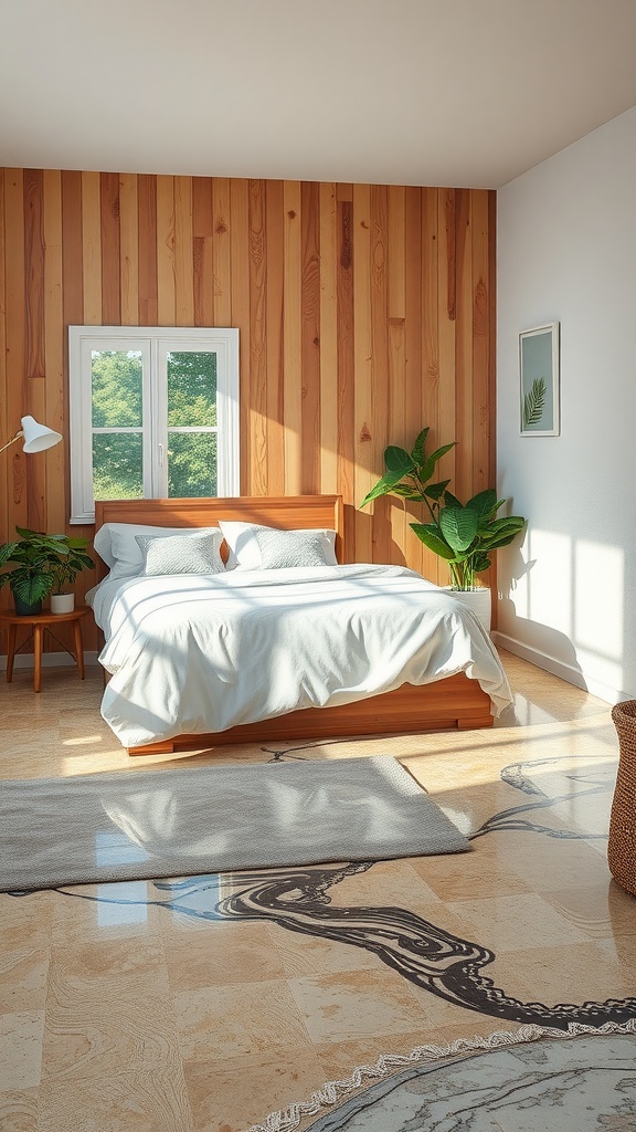 A bright bedroom with wooden walls and an epoxy concrete floor, showcasing natural elements and eco-friendly decor.