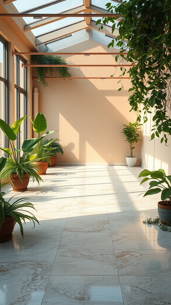 Bright room with large windows, plants, and light-colored flooring.