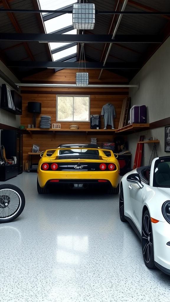 Luxurious garage with stylish epoxy flooring, showcasing two high-end cars.