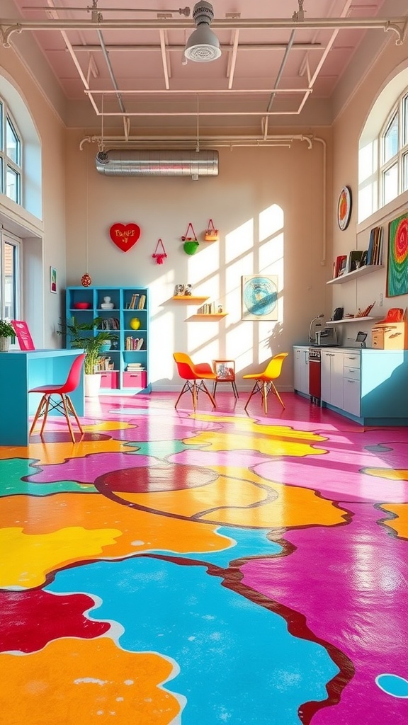 A beautifully designed epoxy floor featuring a colorful goldfish in a modern kitchen setting.