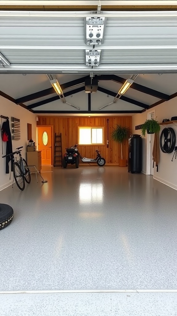 A spacious garage with a sleek epoxy floor and a stylish car parked inside.