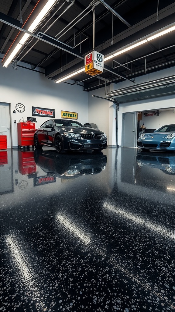 A modern garage with a shiny black epoxy floor featuring silver flakes under bright lighting, showcasing two luxury cars.