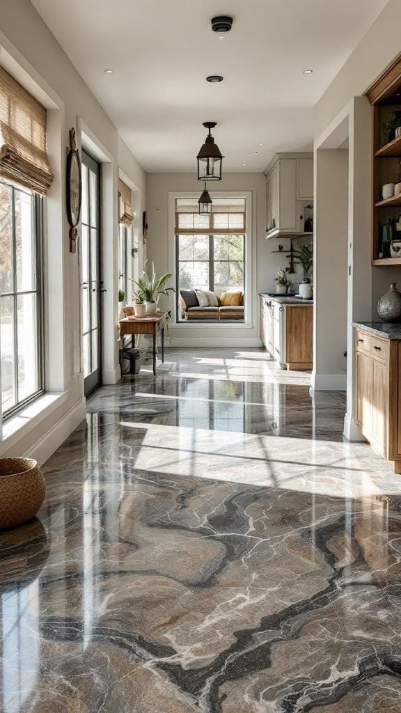 Interior view showcasing stained epoxy floors and a bright, inviting atmosphere.