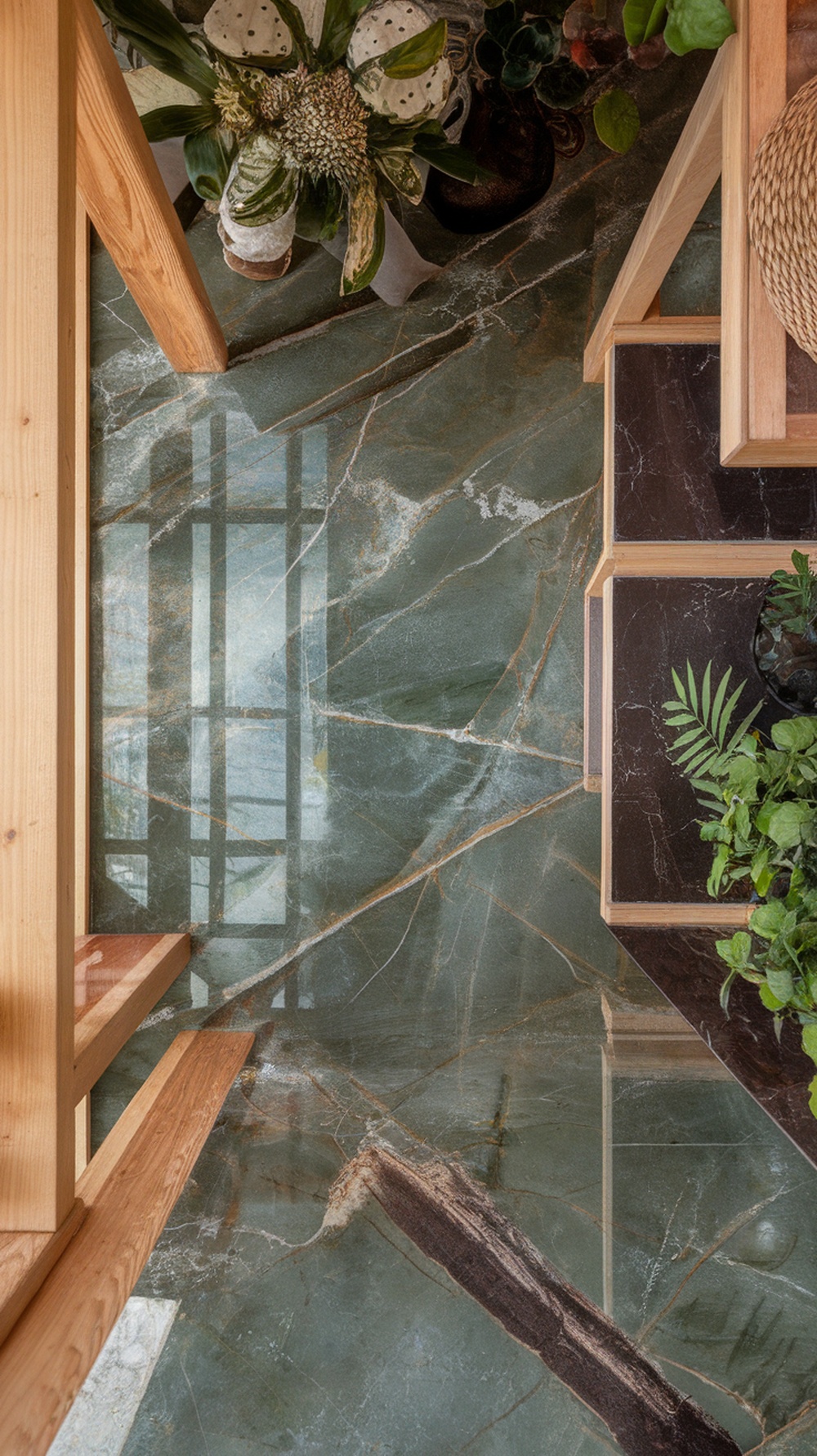A beautiful epoxy floor with a marble look, showcasing a blend of green and brown tones.