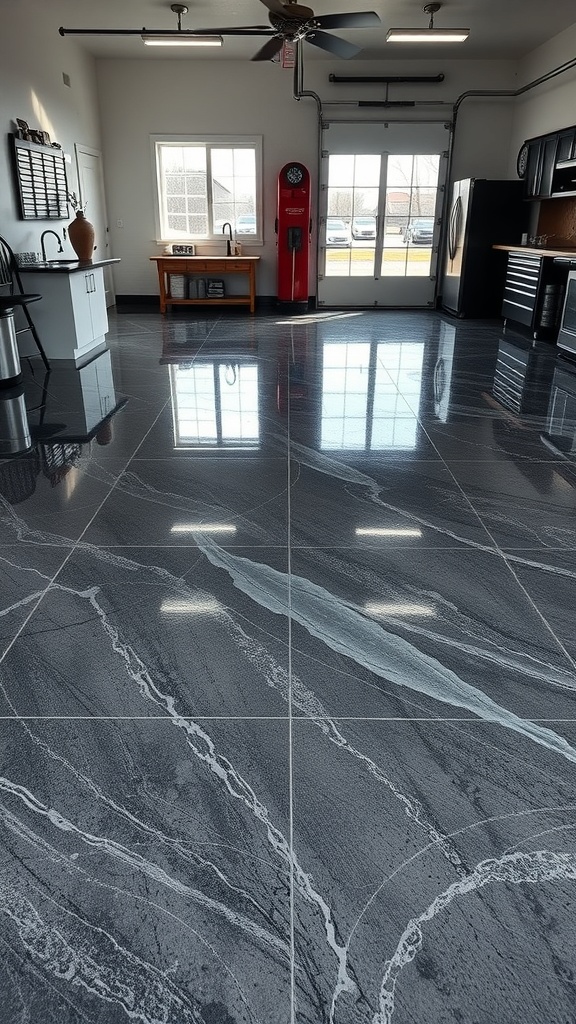 A modern garage with a glossy marbled epoxy floor, showcasing a sleek and stylish interior.