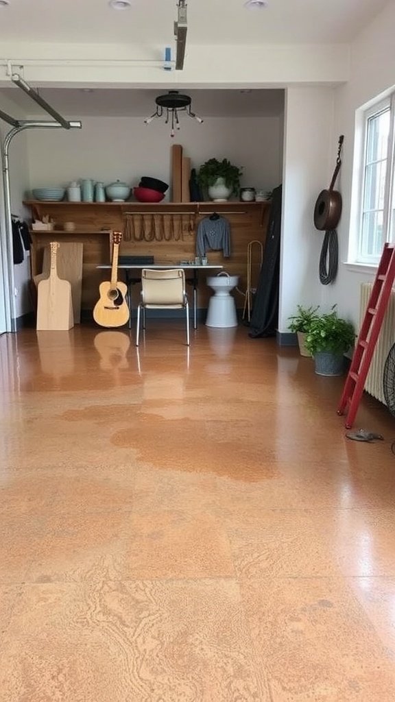 A modern garage with a stylish epoxy floor and wooden interior.