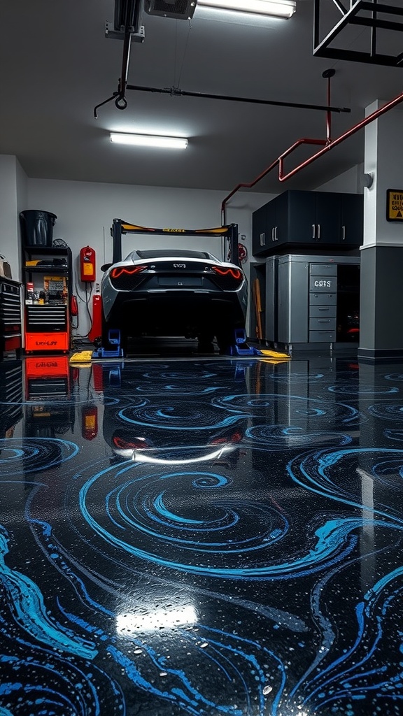 A stylish garage with metallic black and blue epoxy flooring, showcasing a modern car and organized tools.