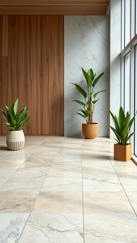 A bright room with eco-friendly epoxy flooring featuring earthy tones and intricate patterns, complemented by potted plants.