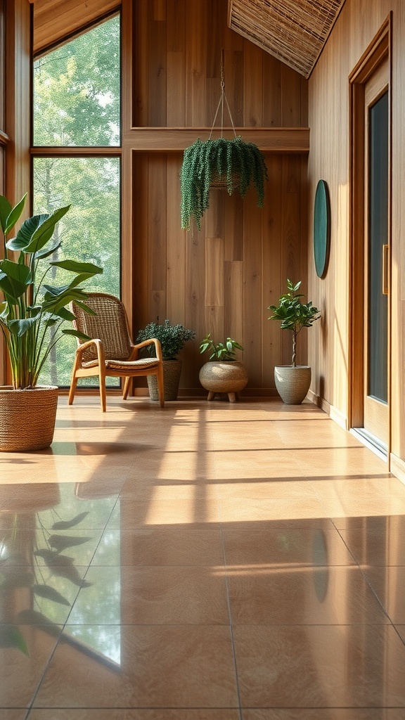 Cozy interior space with epoxy flooring, wooden walls, and plants.