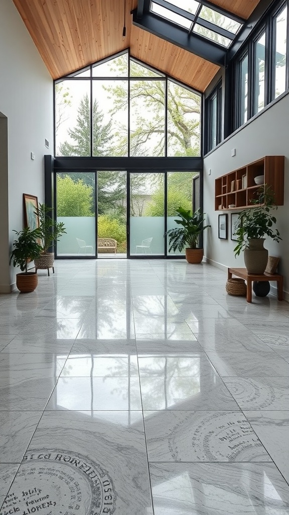 Bright room with large windows, plants, and glossy epoxy flooring.