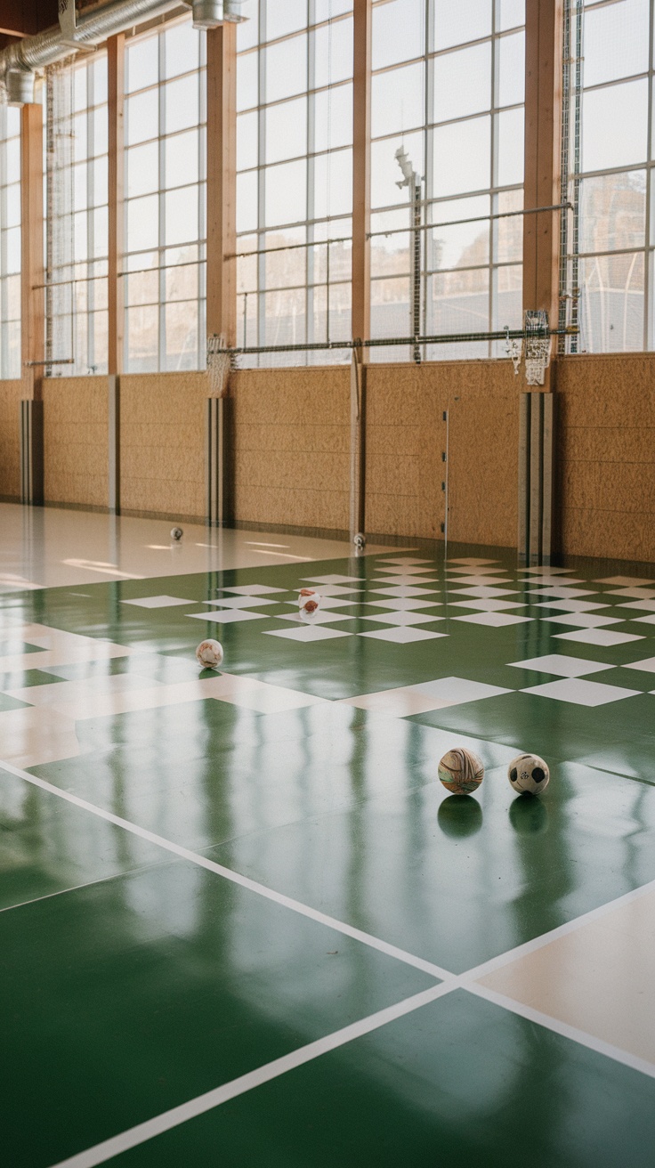An athletic space with a glossy green and white checkerboard epoxy floor and various balls scattered on it