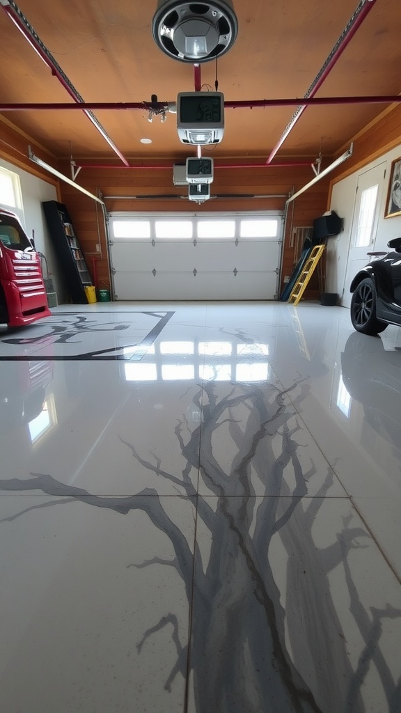 A modern garage with epoxy flooring, showcasing a clean and organized space.