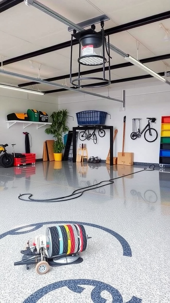 Stylish garage showcasing a high-gloss epoxy floor with unique designs, emphasizing eco-friendly choices.
