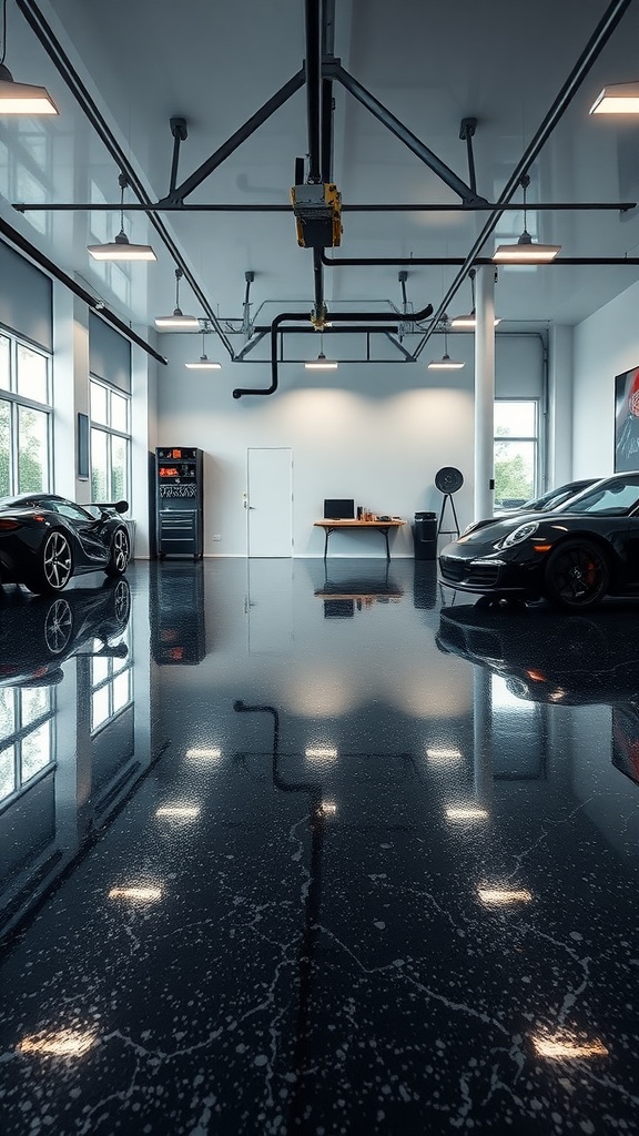 A modern garage interior featuring a shiny black epoxy floor, with large windows and sleek cars.